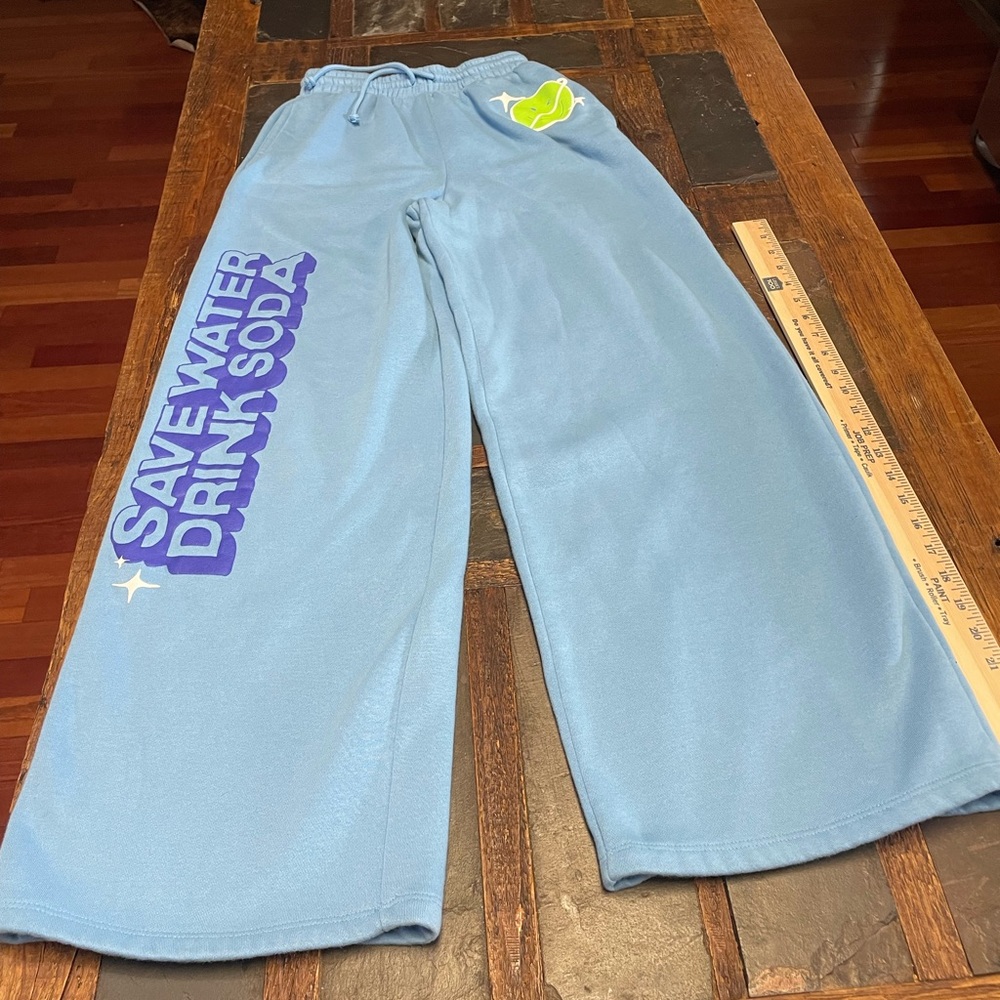 Light Blue Wide-Leg Sweatpants with Purple Slogan XS